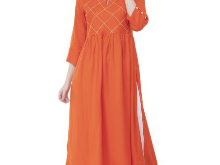 Women s Orange Thread Work Emb Kurti With Side Slits - G & A Apparels on Sale