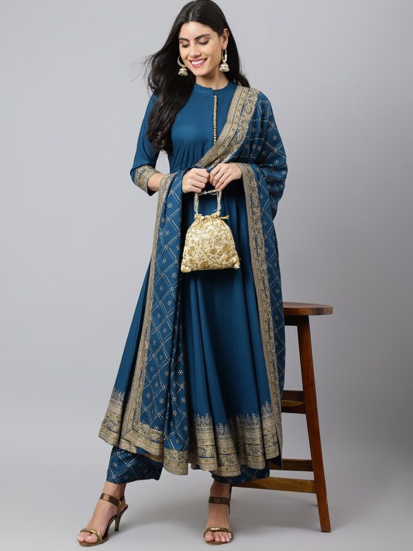 Khushal K Women Blue Ethnic Motifs Empire Kurta with Trousers & With Dupatta Fashion