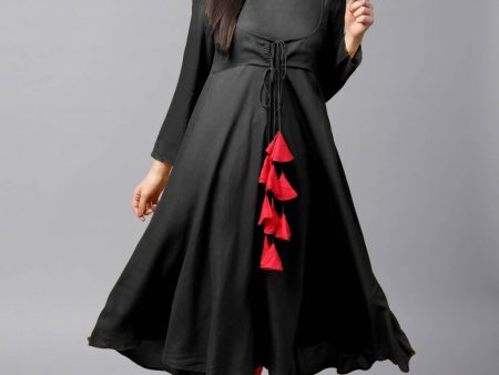 Women s Black Flared Kurti With Front Round Neck And Choli Cut With Dori And Tassels - G & A Apparels Fashion