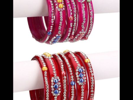 Afast Bridal Wedding & Party Fashionable Colorful Glass Bangle Kada Set, Pack Of 12 - Red, Pink on Sale