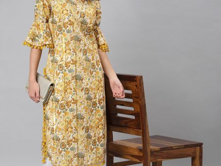 Khushal K Women Yellow Floral Printed Flared Sleeves Kurta Sale