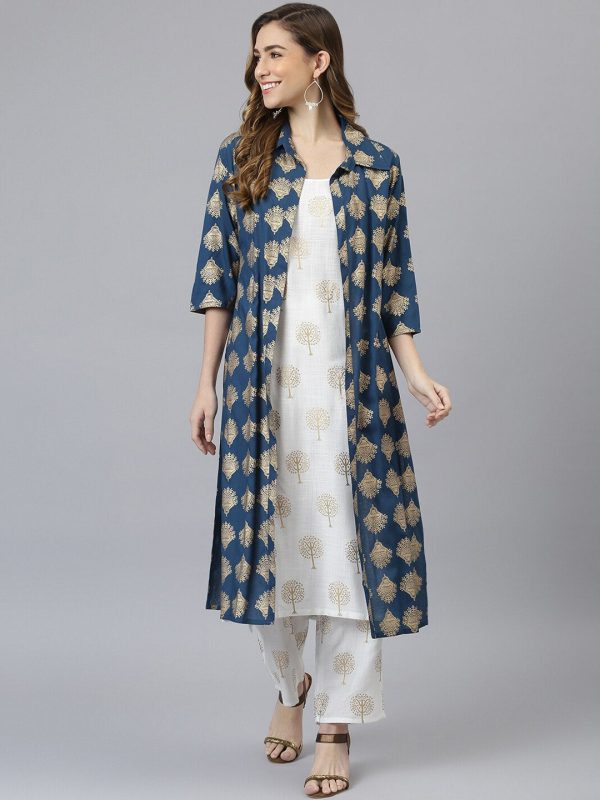 Khushal K Women Blue Ethnic Motifs Printed Kurta & Palazzos with Jacket Fashion