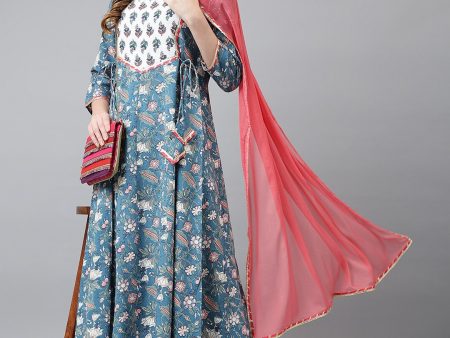 Khushal K Women Blue & Peach Floral Printed Kurta With Palazzos & Dupatta Online Sale