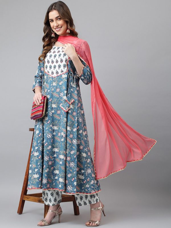 Khushal K Women Blue & Peach Floral Printed Kurta With Palazzos & Dupatta Online Sale