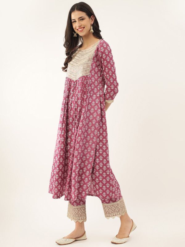 Khushal K Ethnic Motifs Printed Zari Sequined A-Line Kurta with Palazzos & Dupatta For Sale