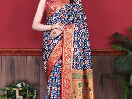 Lorenvalley Fashion Soft Paithani Silk Saree With Patola Print And Contrast Border & Printed Blouse - Mutlicolor For Cheap