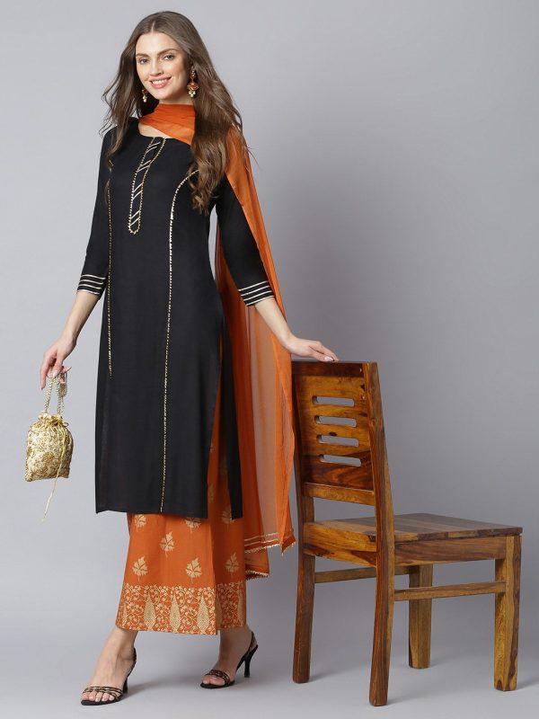 Khushal K Women Black Woven Design Kurta with Palazzos & Dupatta For Cheap