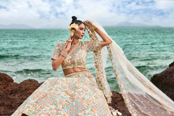 House of Panchhi Cream Net Multi Colour Sequins, Zarkans And Thread Embroidery Lehenga Choli & Dupatta Sale