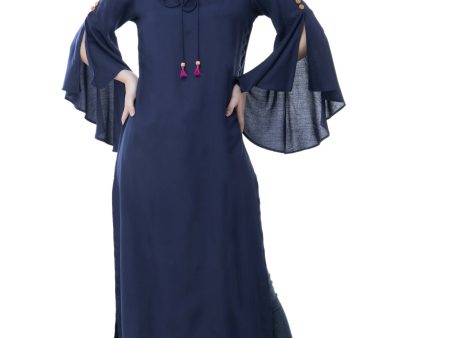 Women s Navy Round Neck Kurti With Front Neck Opening And Dori, Flared Sleeves - G & A Apparels Online now