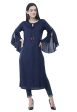 Women s Navy Round Neck Kurti With Front Neck Opening And Dori, Flared Sleeves - G & A Apparels Online now