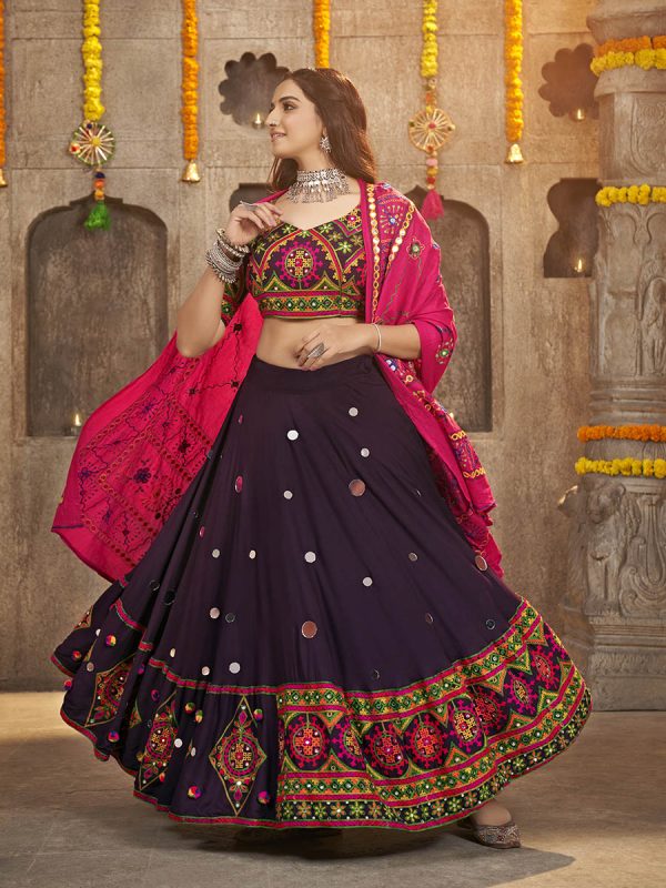 Myra Purple Viscose Rayon and Cotton Embroidered with Print Designer Lehenga Cheap