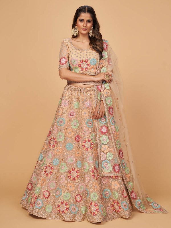 Myra Peach Soft Net Heavy Embroidered Designer Lehenga Online Sale