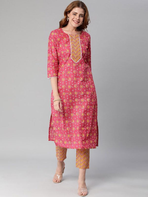 Kalini Ethnic Motif Printed Notched Neck Gotta Patti Straight Kurta With Trousers Supply