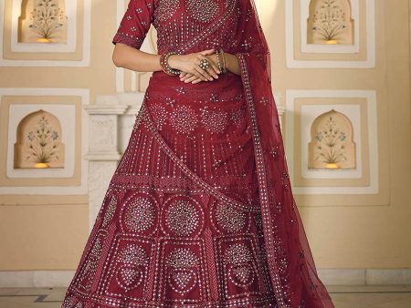 Myra Maroon Soft Net Embroidered Lehenga Online