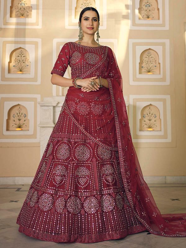 Myra Maroon Soft Net Embroidered Lehenga Online