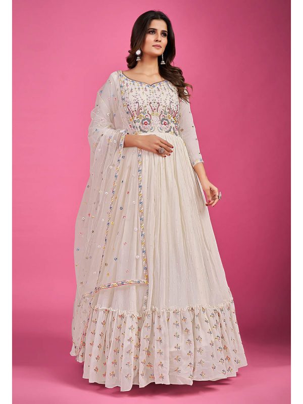 Myra White Pure Georgette Embroidered Gown For Discount