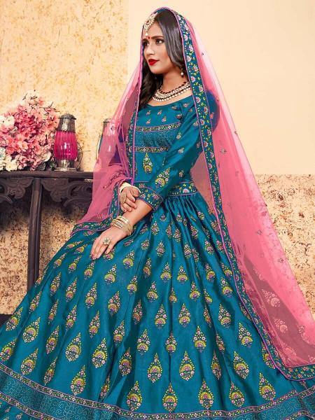 Myra Sky Blue Satin Embroidered Lehenga For Cheap