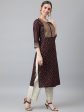 Khushal K Women Brown & Gold-Toned Ethnic Motifs Printed Straight Kurta on Sale