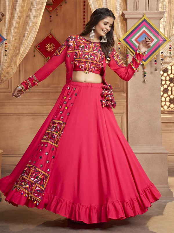 Myra Rani and Pink Koti Style Viscose Rayon Embroidered Designer Navratri Special Lehenga Online Sale