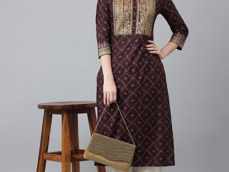 Khushal K Women Brown & Gold-Toned Ethnic Motifs Printed Straight Kurta on Sale