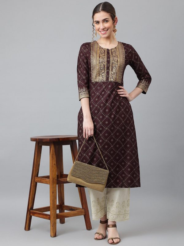 Khushal K Women Brown & Gold-Toned Ethnic Motifs Printed Straight Kurta on Sale