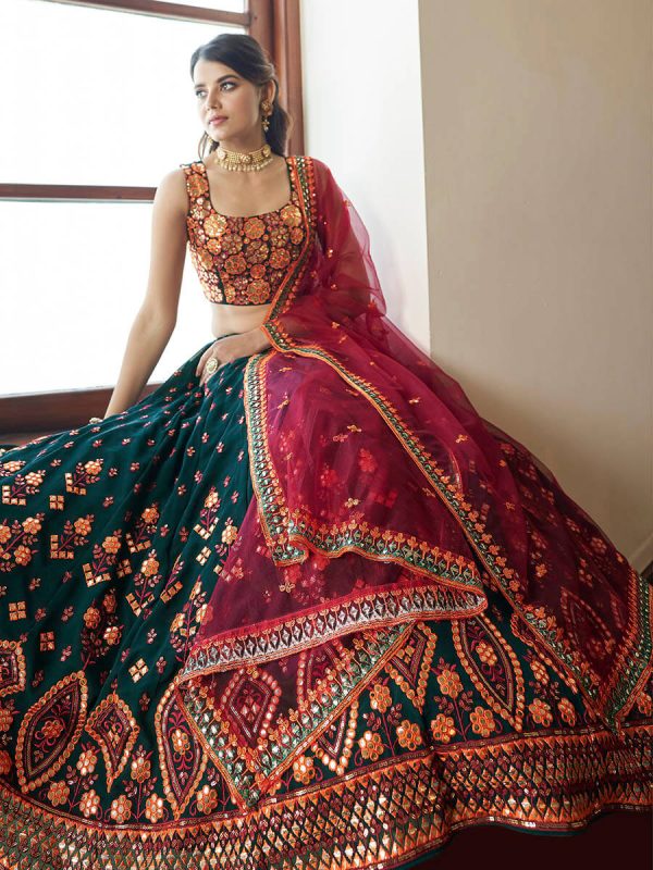 Myra Green and Deep Pink Georgette Embroidered Party Wear Lehenga Online now