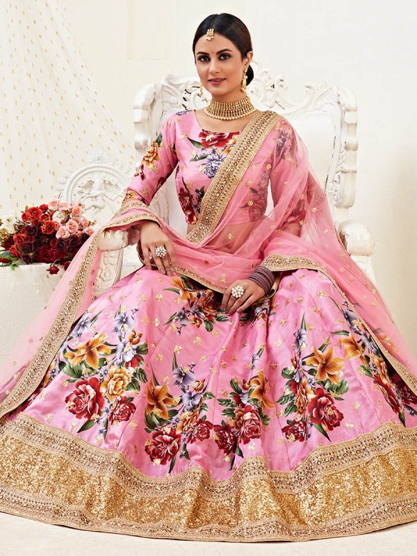 Myra Pink Floral Print Embroidered Designer Lehenga For Cheap