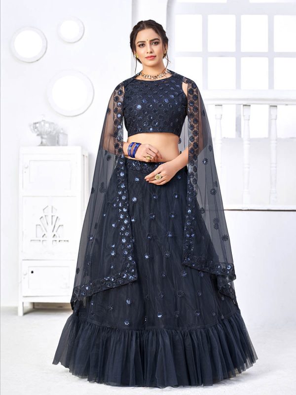 Myra Navy Blue Net Embroidered Designer Lehenga Fashion