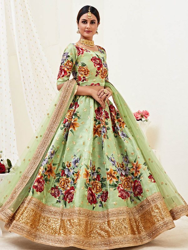 Myra Pista Floral Print Embroidered Designer Lehenga For Discount