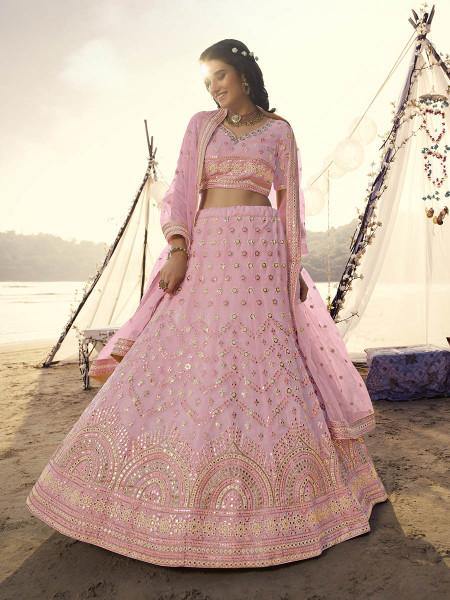 Myra Pink Heavy Embroidered Organza bridal Lehenga Discount