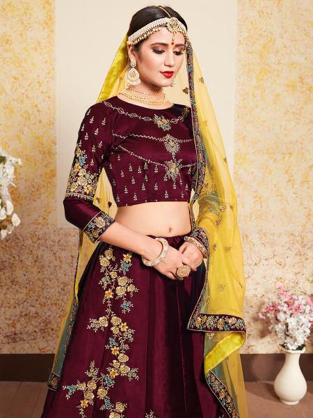 Myra Maroon Satin Embroidered Lehenga Hot on Sale