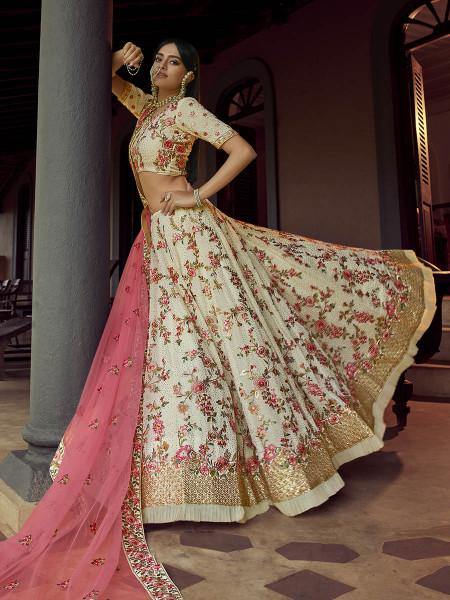 Myra Off White Heavy Embroidered Georgette bridal Lehenga Online Sale