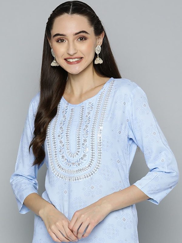 HERE&NOW Women Blue Ethnic Motifs Printed Embroidered Sequin Detail Kurta Online now