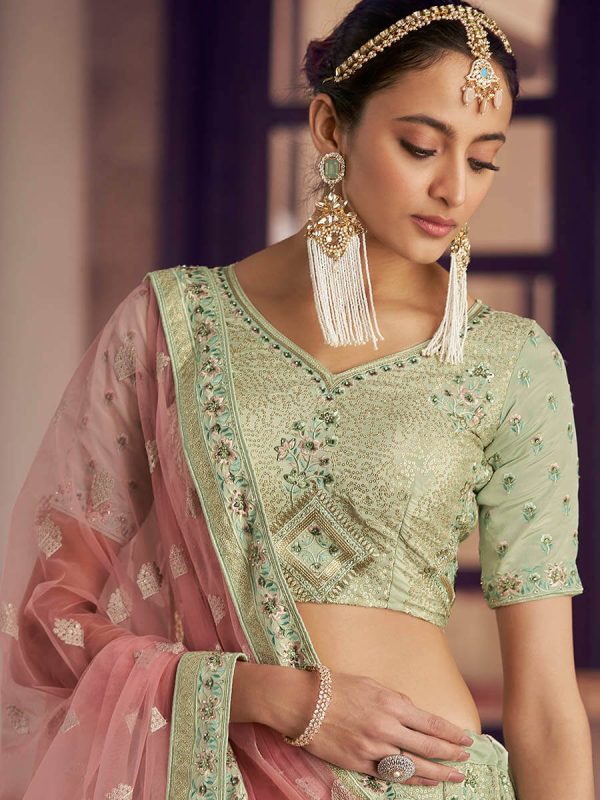 Myra Pista Green Crepe Embroidered Lehenga Online