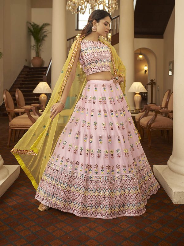 Myra Pink and Yellow Georgette Embroidered Designer Lehenga Discount