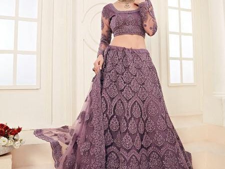 Myra Violet Heavy Embroidered Net Lehenga For Cheap