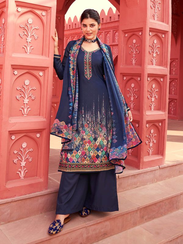 Myra Navy Blue Digital Print French Crepe Palazzo Suit Fashion