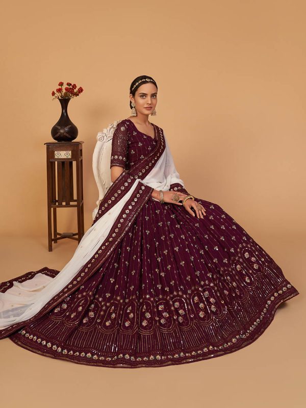 Myra Plum Georgette Embroidered Designer Lehenga on Sale