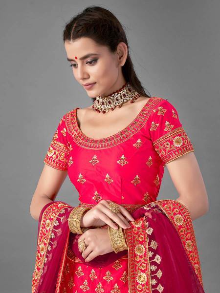 Myra Pink Heavy Embroidered Satin Bridal Lehenga Discount