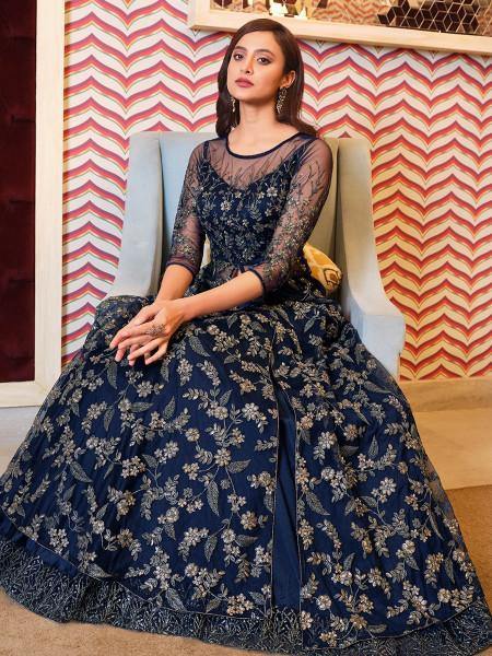 Myra Navy Blue Net Embroidery Gown Online Sale