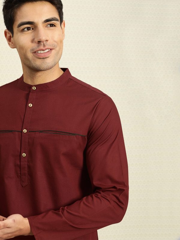 House of Pataudi Men Maroon Solid Straight Kurta For Cheap