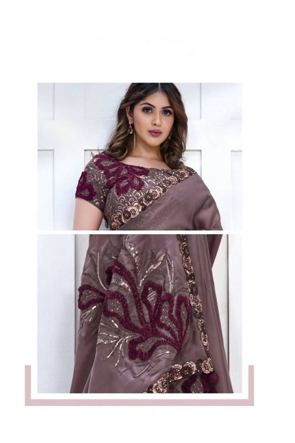 Purple Crepe satin silk Applique work with Cord, Sequence Embroidered & Stone Work Saree - Mohmanthan Majestica Fashion