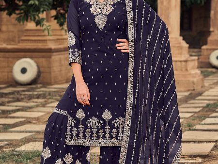 Myra Navy Blue heavy Georgette Koti Style Embroidered Sharara Suit Online now