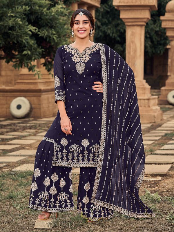 Myra Navy Blue heavy Georgette Koti Style Embroidered Sharara Suit Online now