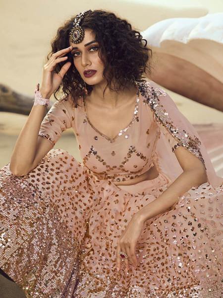 Myra Peach Embroidered Net Lehenga Discount