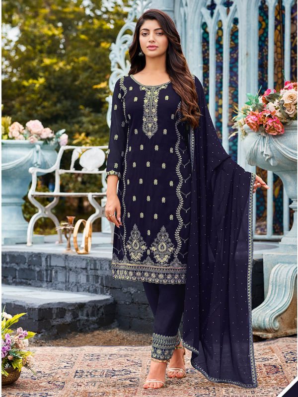 Myra Navy Blue Heavy Faux Georgette Embroidered Pant Style Suit For Discount