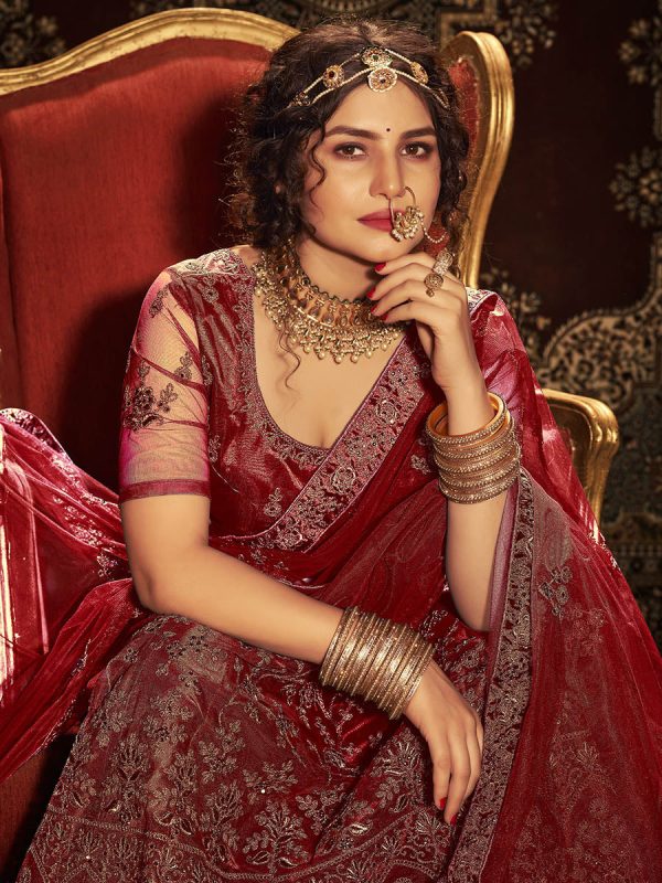 Myra Maroon Ocean Heavy Embroidered Net Lehenga Discount