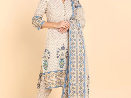 HERE&NOW Women Blue Floral Printed Pure Cotton Kurta with Trousers & With Dupatta Cheap