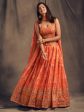 Myra Orange Organza Silk Embroidered Lehenga For Discount