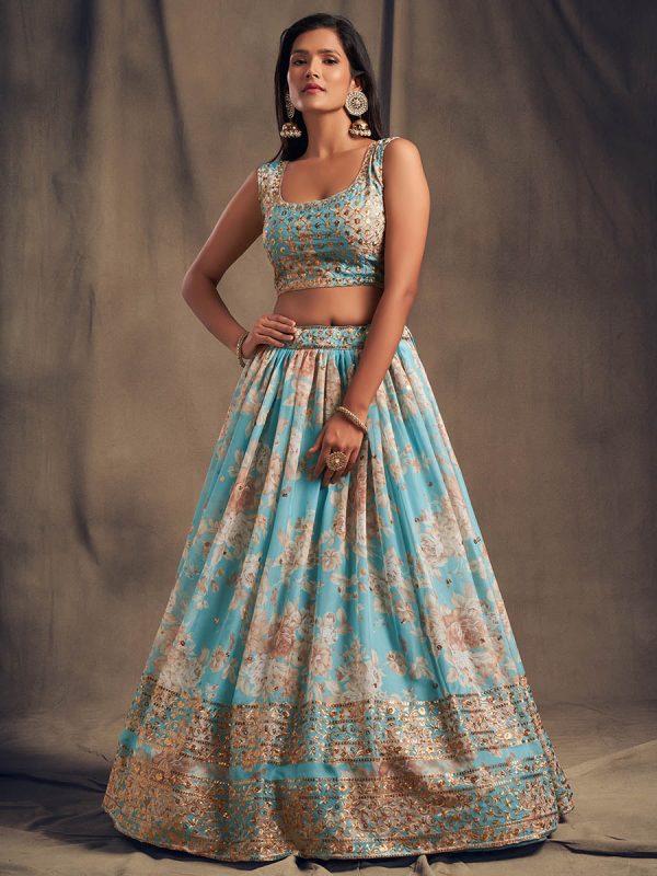 Myra Sky Blue Organza Silk Embroidered Lehenga Supply